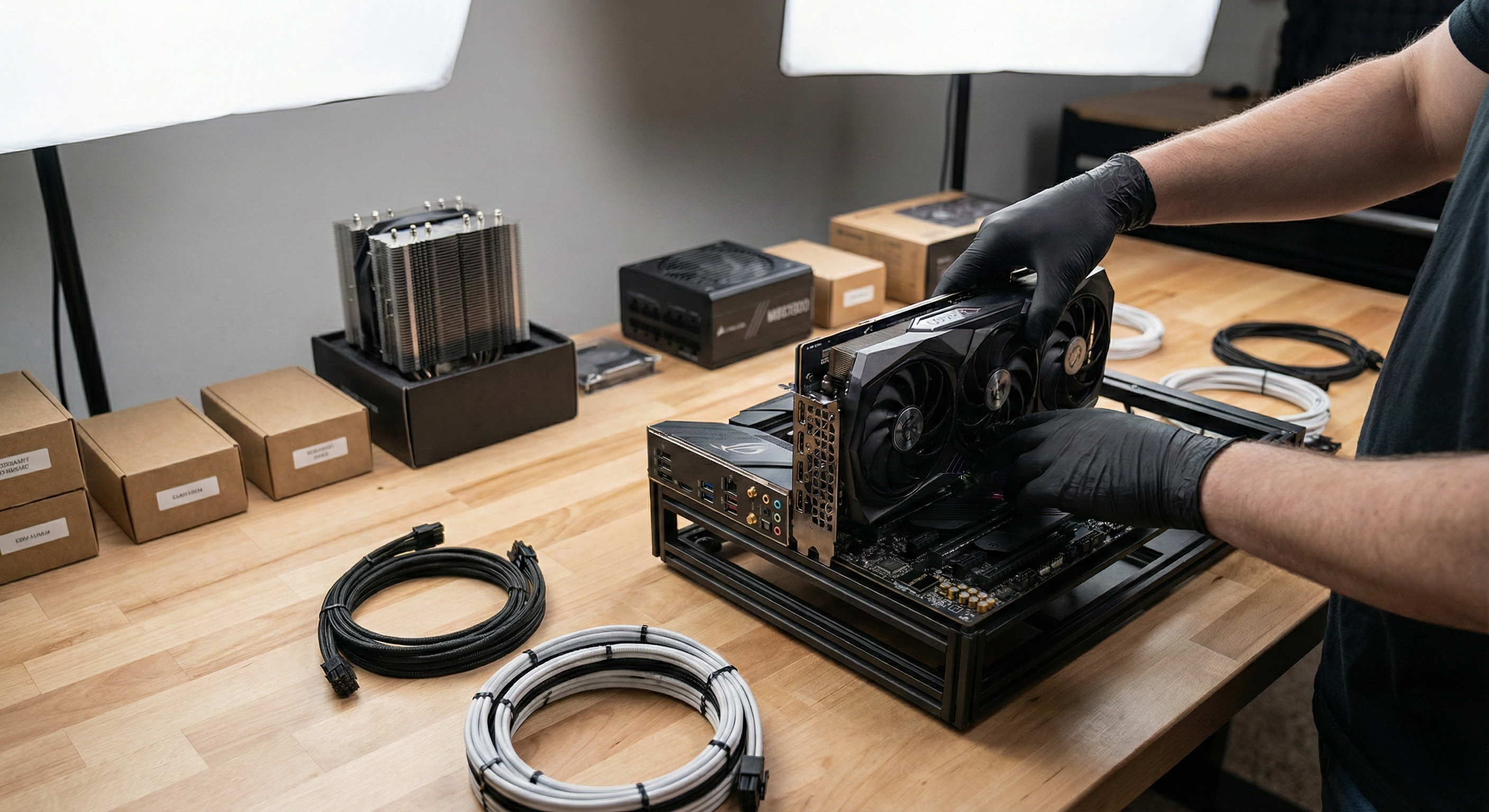 Professional computer setup on desktop workbench.